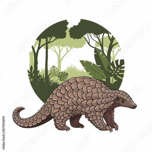 Pangolin vector illustration with tropical forest habitat