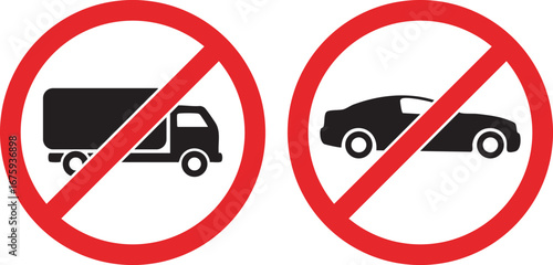 Clear warning signs prohibit trucks and cars, enforcing no vehicle zones for safety and order