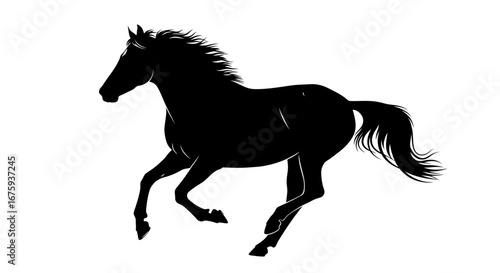 Silhouette of a Running Black Horse with Flowing Mane.