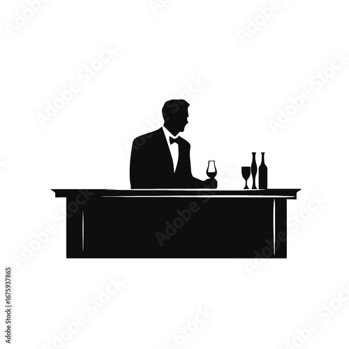 Sophisticated man drinking wine at bar, a timeless black silhouette
