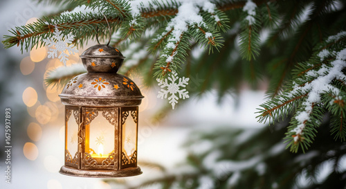 Antique Lantern Hanging on Snowy Pine Branch with Soft Bokeh Lights