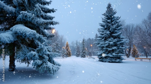 Wallpaper Mural Snowy winter landscape with snow-covered pine trees at dusk in a tranquil park. Torontodigital.ca