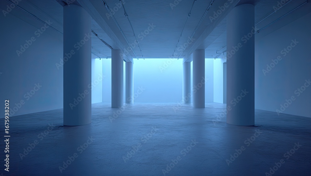 Fototapeta premium Empty gallery space, bathed in cool blue light
