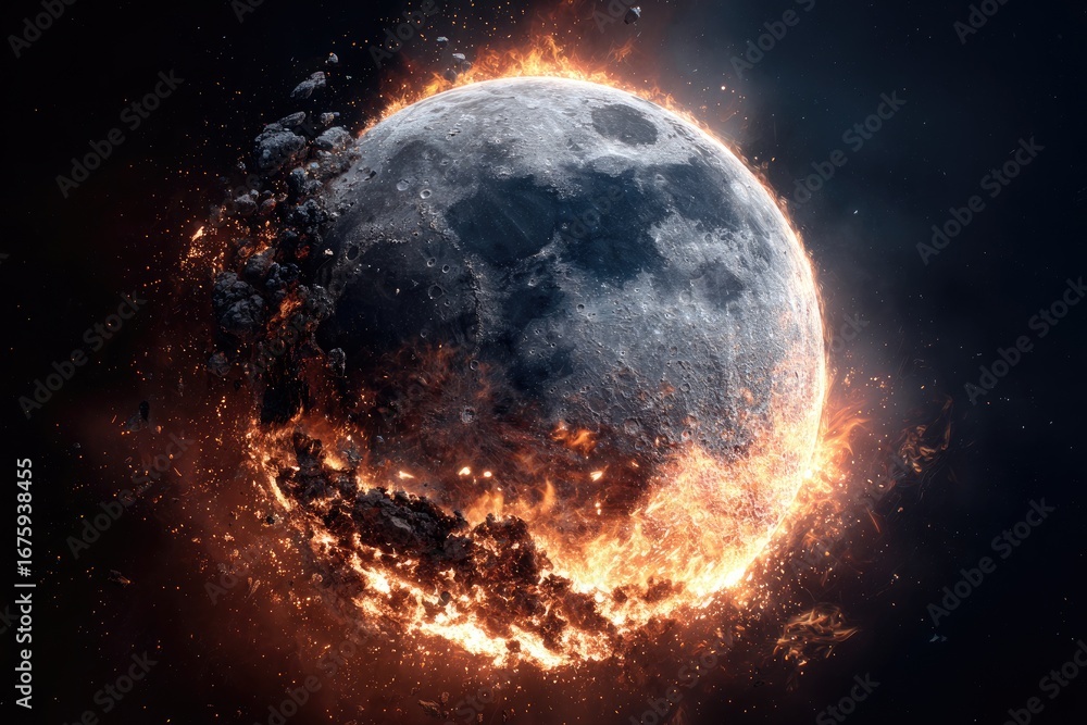 Fototapeta premium A fiery, fragmented moon against a dark cosmic backdrop