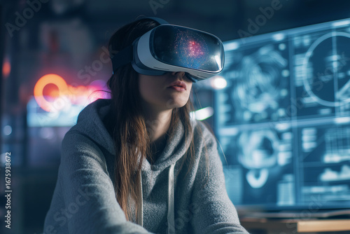 Young woman wearing VR headset explores immersive digital world in futuristic environment with holographic screens and neon lights, symbolizing innovation and virtual technology.
