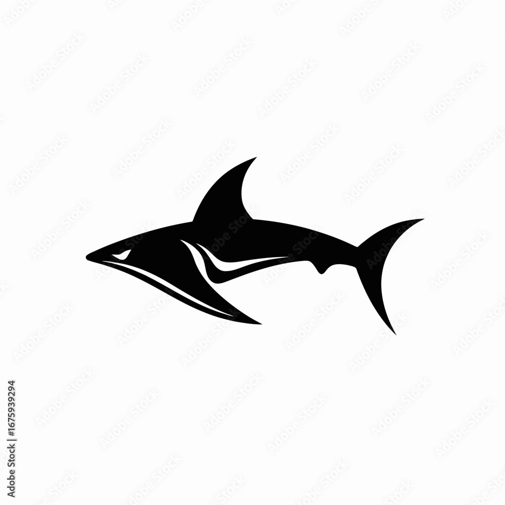 Obraz premium Powerful predatory shark swims menacingly across open water in black silhouette