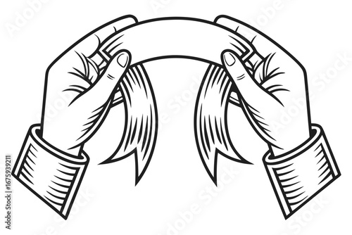 Two hands holding a curved banner with flowing ribbons in black and white vector illustration