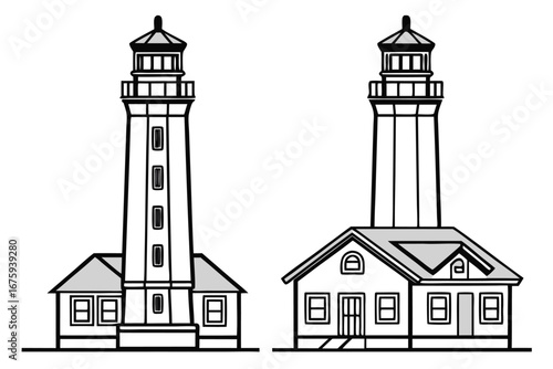 Two Lighthouses With Attached Buildings In Black And White Outline beacon coastal