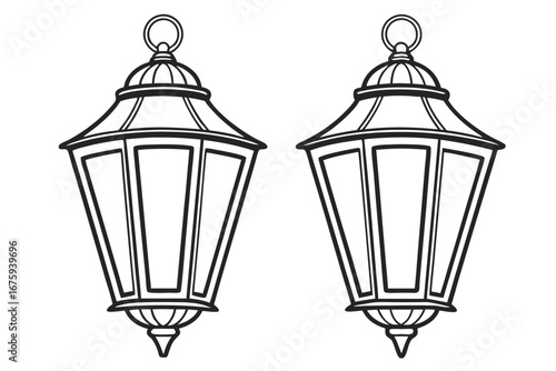Two Vintage Style Lanterns Outline Illustration on White Background lamp light