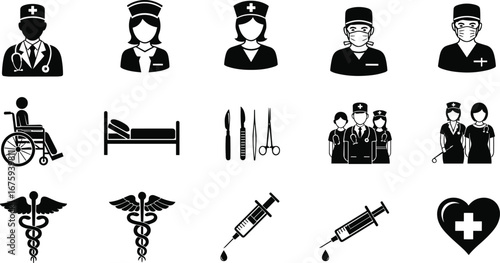 Medical Healthcare Icons Set, Doctor, Nurse, Surgery Tools, Hospital Equipment, Medical Care, Syringe, Wheelchair, Health Symbols, Caduceus