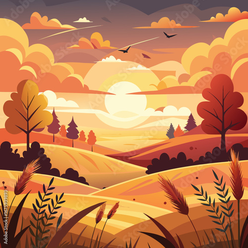Golden sunset over rolling hills and harvest fields vector illustration