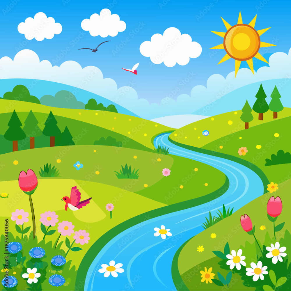 Fototapeta premium Vibrant vector illustration of a serene spring landscape with a winding river and blooming flowers