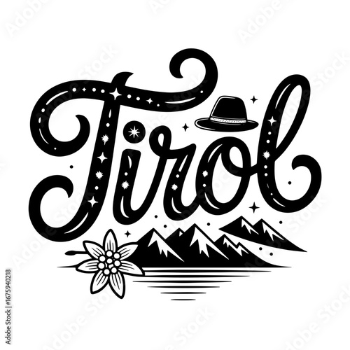 Unique artwork showcasing Tirol with mountains, flowers, and a traditional hat in a scenic design