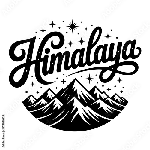 Majestic mountains of the Himalaya range under a starry night sky with a stylish script design showcasing the region's name