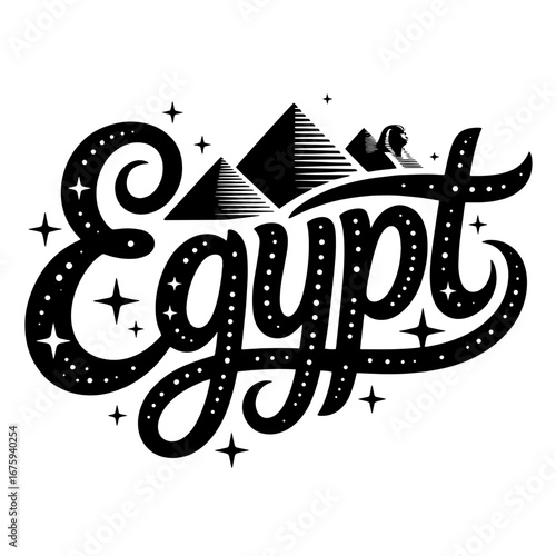 Creative design featuring pyramids and a sphinx representing Egypt with stylized lettering and star accents