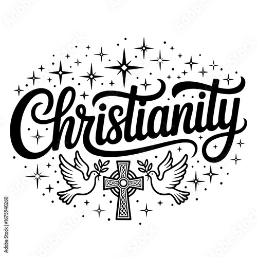 Symbolic representation of Christianity featuring a cross, dove, and stylized text in a celestial design with stars