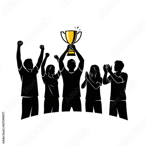 Victorious team celebrating championship win raising golden trophy together, expressing joy and teamwork in silhouette with modern design elements