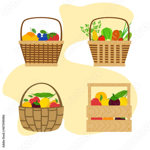  Picnic basket set, vegetable and fruit basket, vector illustration
