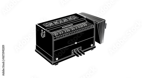 Vintage Harmonium - Black and White Illustration of a Classic Musical Instrument.