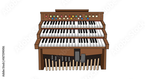 Brown Three-Manual Organ with Pedals and Drawknobs.