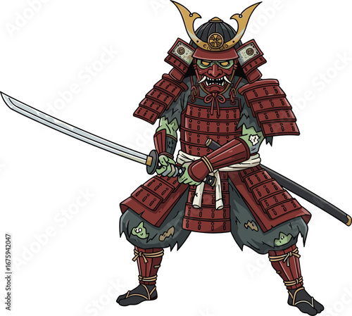Samurai warrior character vector, traditional Japanese fighter in red armor with katana sword, cad drawing flat vector illustration