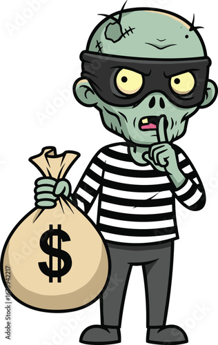 Zombie burglar character vector, cartoon undead thief with money sack and striped shirt, horror crime illustration, cad drawing flat vector illustration