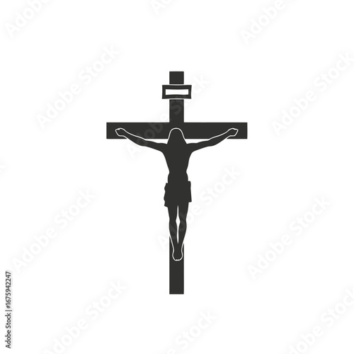Graphic depiction of the crucifixion of Jesus Christ with a black silhouette