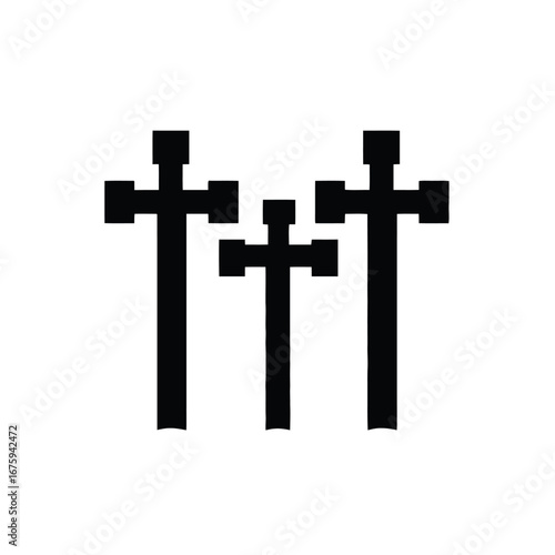 Three bold crosses stand representing faith in monochrome silhouette.