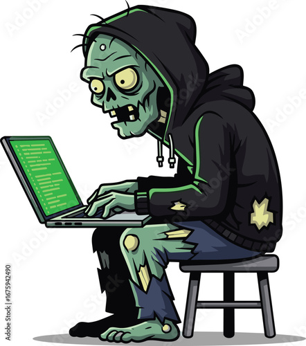 Zombie hacker character vector, cartoon undead programmer with laptop and hoodie, horror tech illustration, cad drawing flat vector illustration