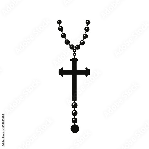 Minimalist rosary beads and Christian cross faith symbol black silhouette