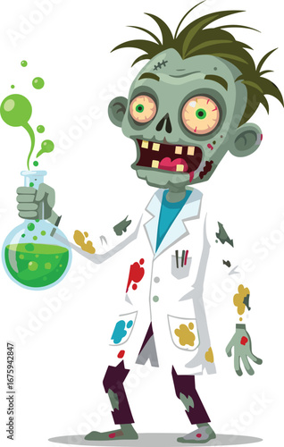 Zombie scientist character vector, cartoon undead lab researcher with bubbling flask, horror science illustration, cad drawing flat vector illustration