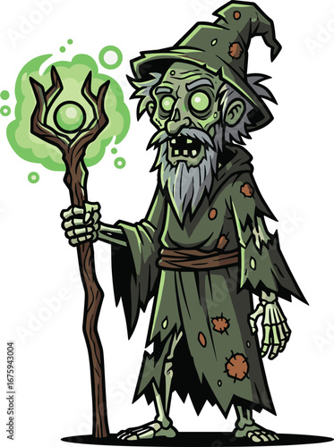 Zombie wizard character vector, cartoon undead sorcerer with glowing staff and tattered robe, horror fantasy illustration, cad drawing flat vector illustration