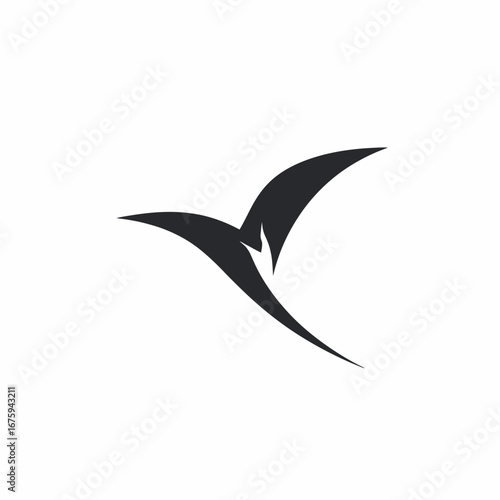 Abstract avian figure elegantly soars across the white background silhouette