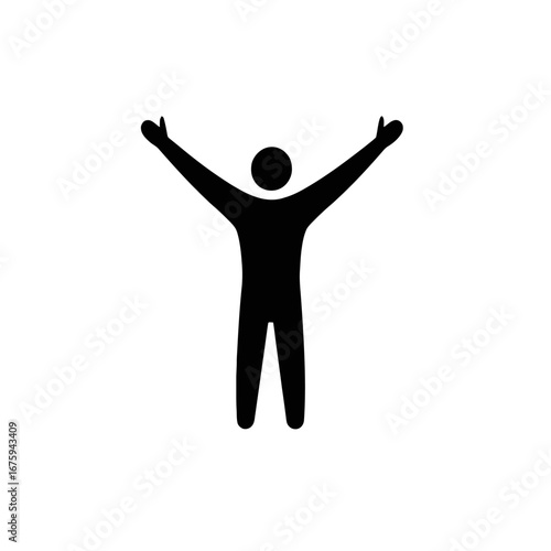 Joyful figure raising arms victoriously with graphic black human silhouette