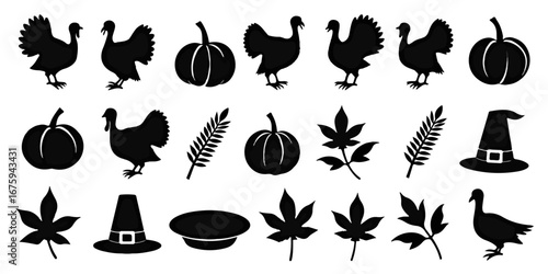 Silhouette Icon Set of Thanksgiving Day including turkeys, pumpkins, corn, pies, pilgrim hats, and leave icons