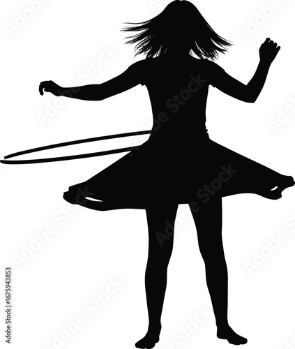 Silhouette of Girl Playing with Hula Hoop, Fun Childhood Activity Vector, Energetic Exercise Pose in Black and White Illustration