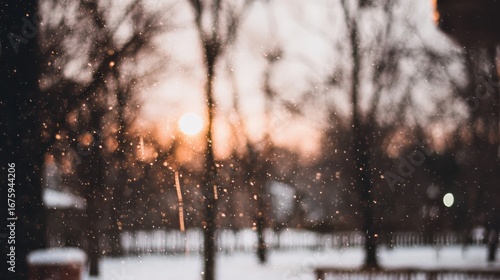 Serene winter scene with softly falling snow in muted illumination for seasonal and mood themes.