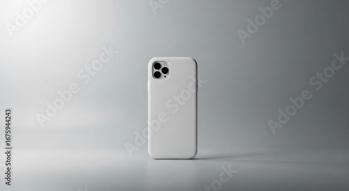 A white smartphone, encased in a simple white cover, stands upright displaying its triple camera system from the back. It is positioned against a soft gray gradient background.

