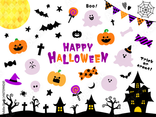 かわいいハロウィンの手描きイラスト素材セット