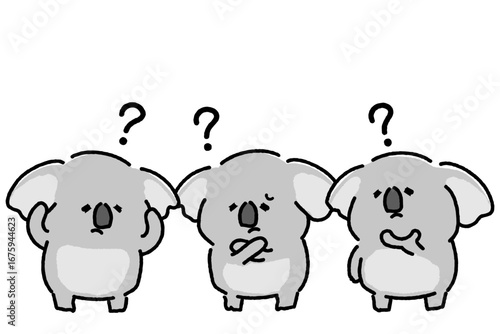 三頭のコアラが集まって悩むイラスト