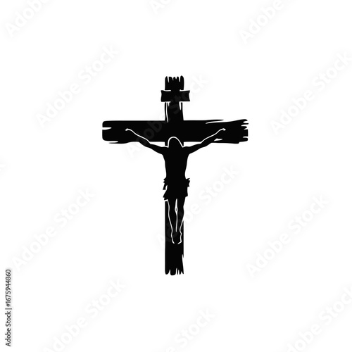 Dramatic depiction of Jesus on the cross rendered as a black silhouette