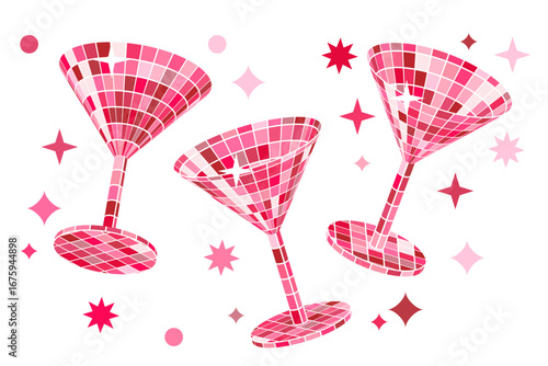 Vector pink martini glasses with disco ball texture. Cocktails art design for nightlife, club party, bar, poster, banner