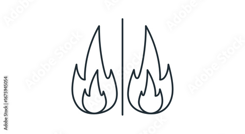Symmetrical line art icon of two stylized flames separated by a central vertical line.