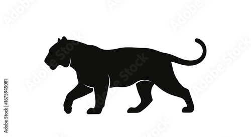 Silhouette of a powerful black panther walking with its tail curled.