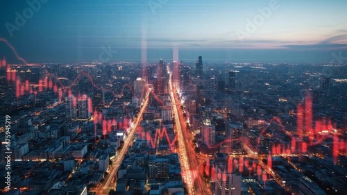 Urban Financial Downturn: Red Stock Market Graph Overlaying Cityscape at Dusk, Indicating Economic Recession