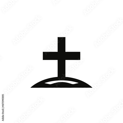 Christian cross atop hill in simple graphic style silhouette