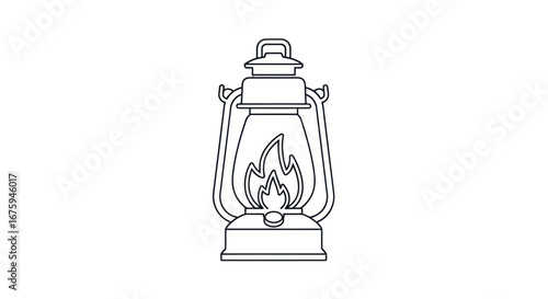 Vintage kerosene lantern with a glowing flame, line art illustration.