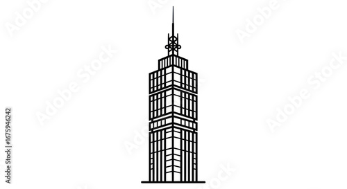 Stylized Line Art of a Tall Skyscraper with Antenna.