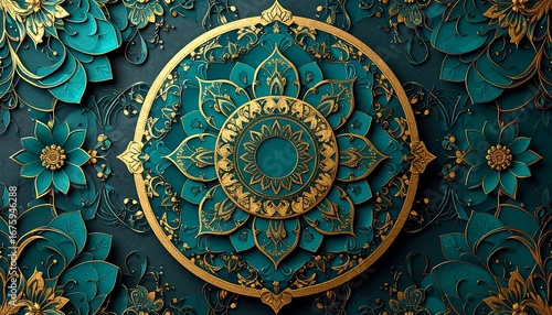 Intricate teal and gold mandala design (1)