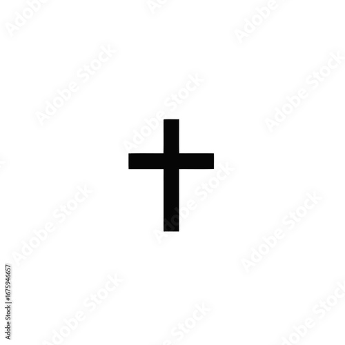Graphic black christian cross against white background, a simple religious silhouette